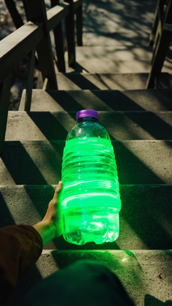 A Person Preparing to Roll Neon Bottle Downstairs