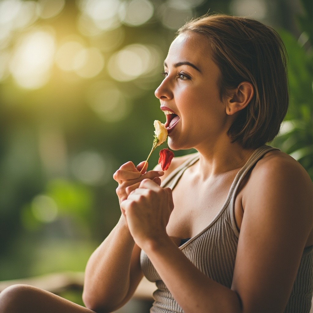 A Person Slowly Eating in Peaceful, Healthy Environment