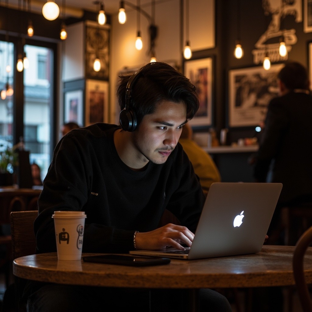 A Person Working on Laptop in a Music Cafe