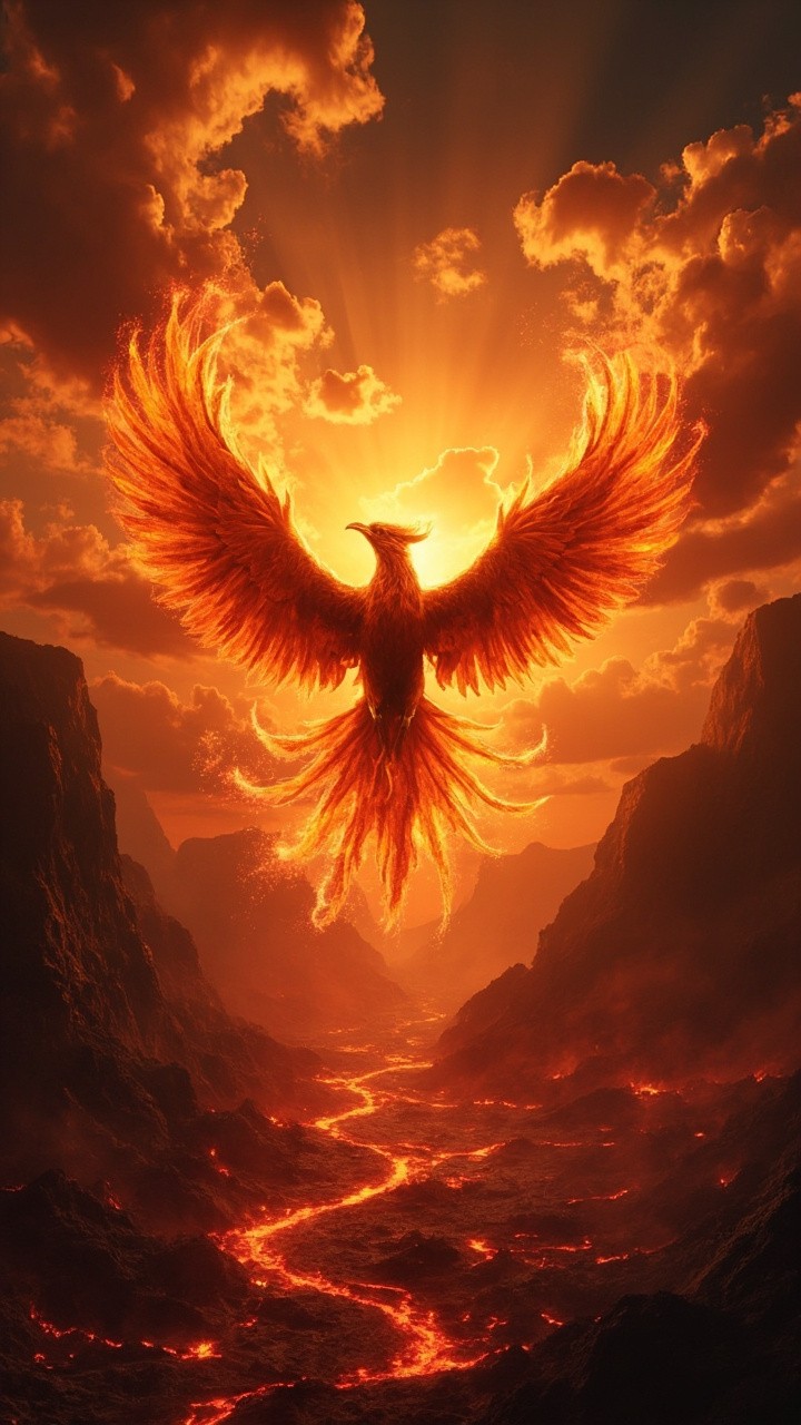 A Phoenix Rising from Lava at Sunrise