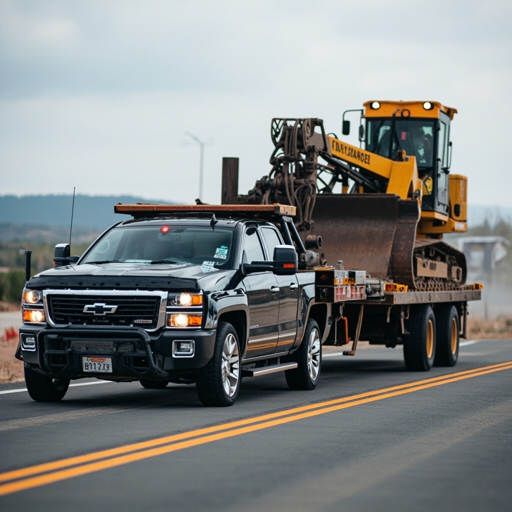 A Pickup Truck Towing Construction Equipment on Road