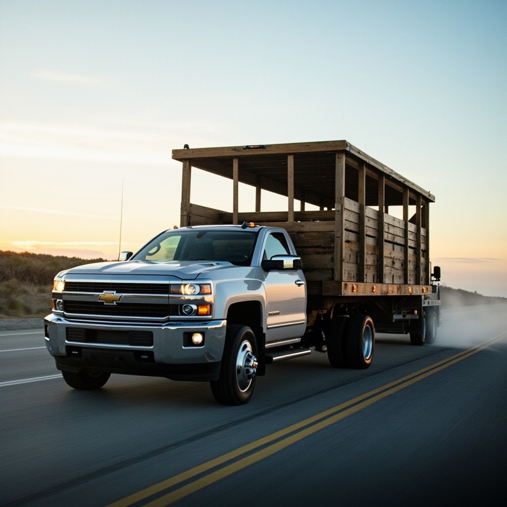 A Pickup Truck with Open Trailer on Road