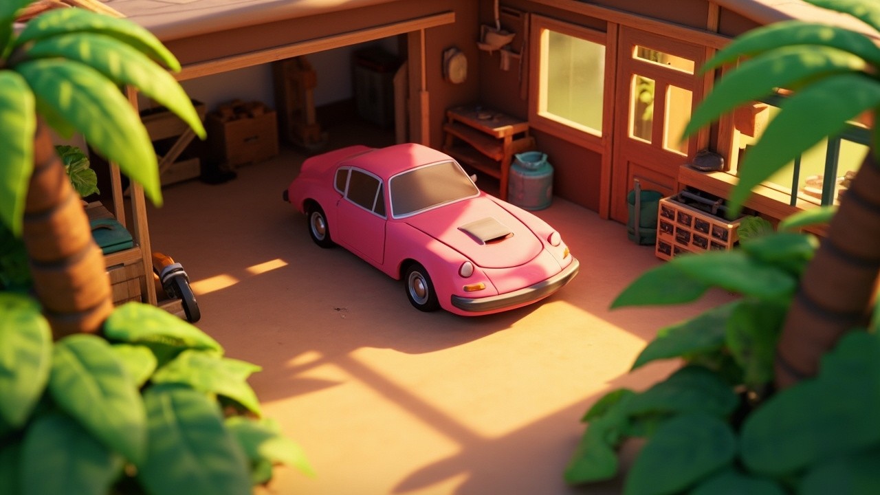A Pink Car in a Tropical Forest Repair Shop