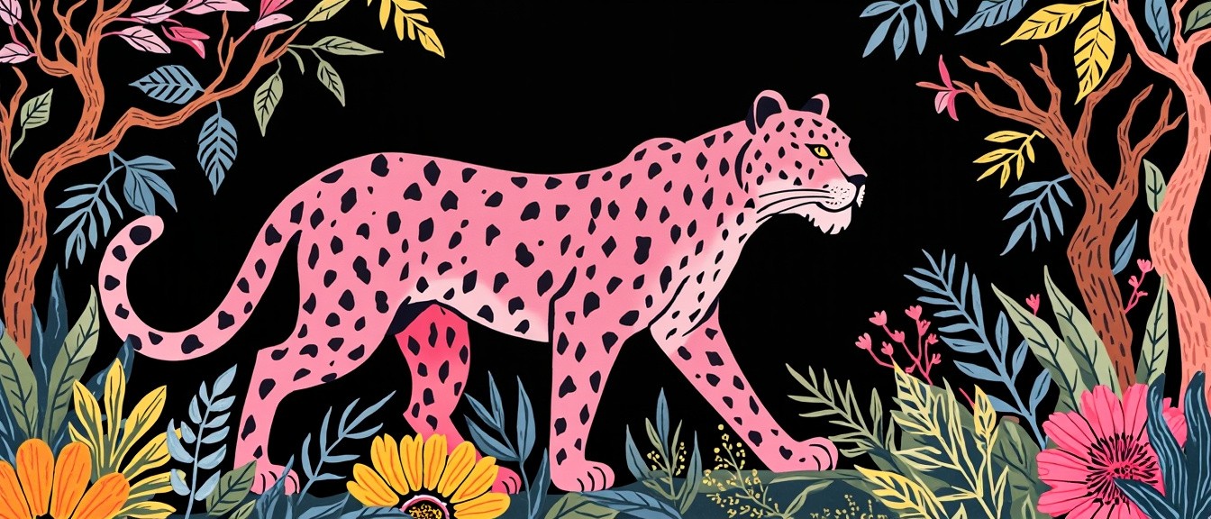 A Pink Leopard in a Colorful Jungle Illustration