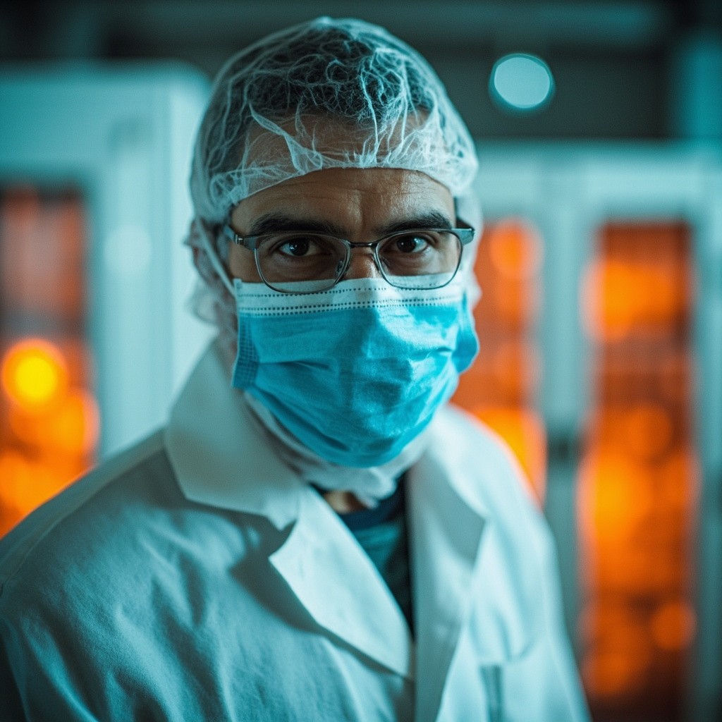 A Poultry Worker with Mouse, in Orange and Blue