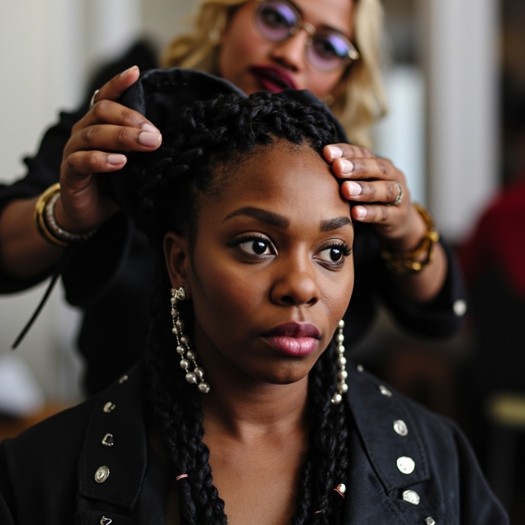 A Professional Woman Braiding a Client's Hair