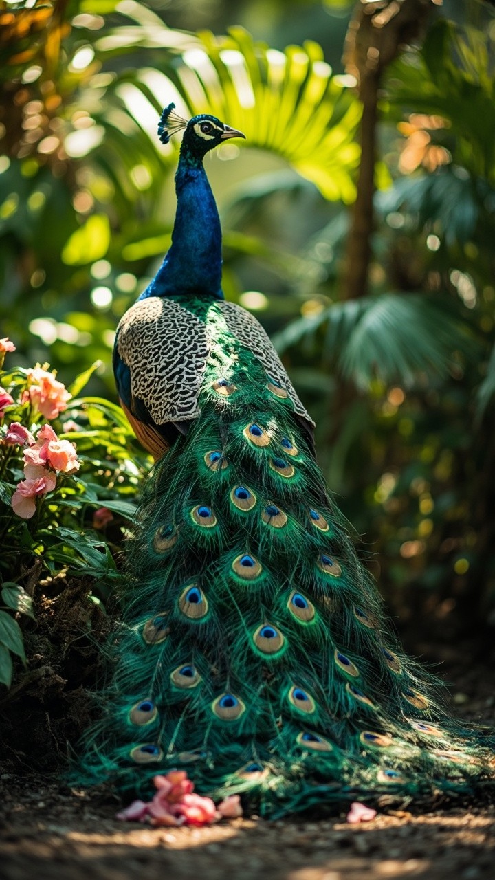 A Proud Peacock Displaying in Tropical Garden