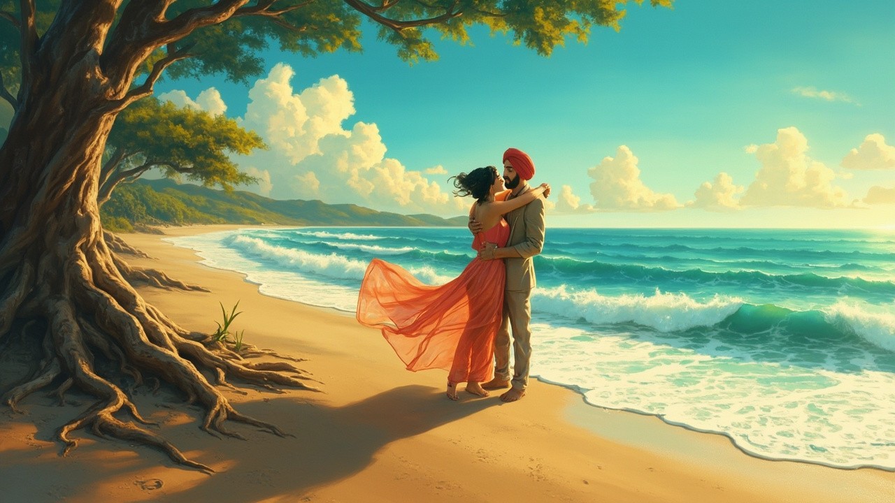 A Punjabi Couple Amidst Clouds, Ocean, and Trees