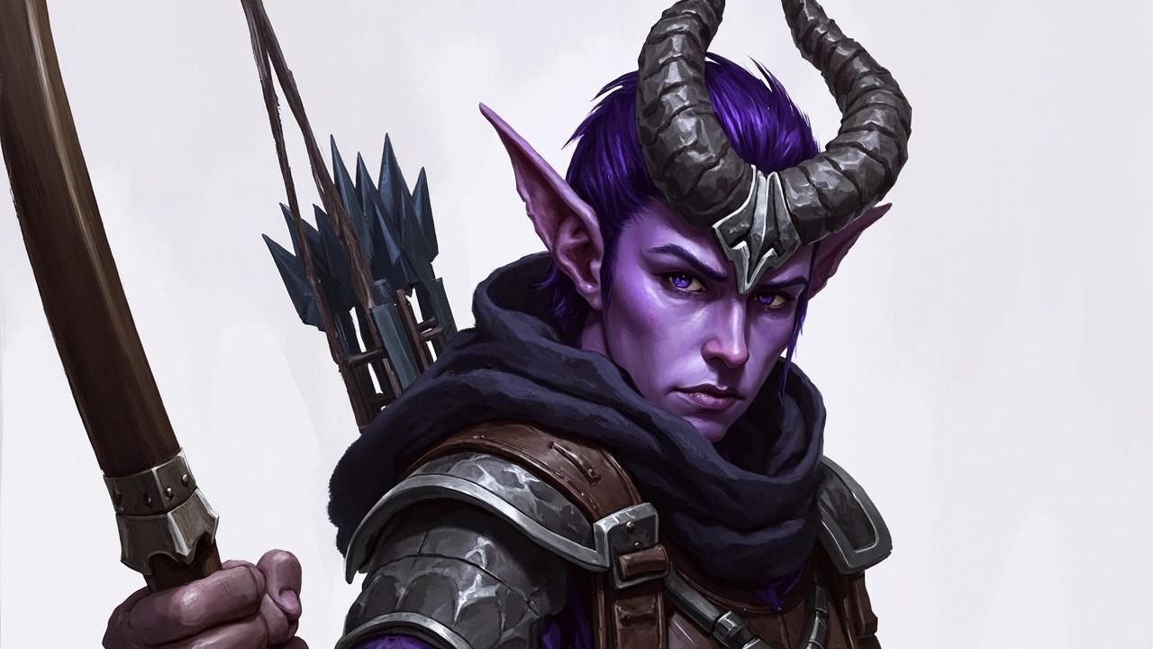 A Purple Tiefling Ranger Holding a Long Bow
