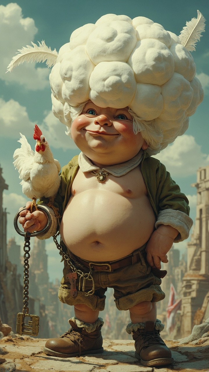 A Quirky Man and Chicken in Glistophonia City