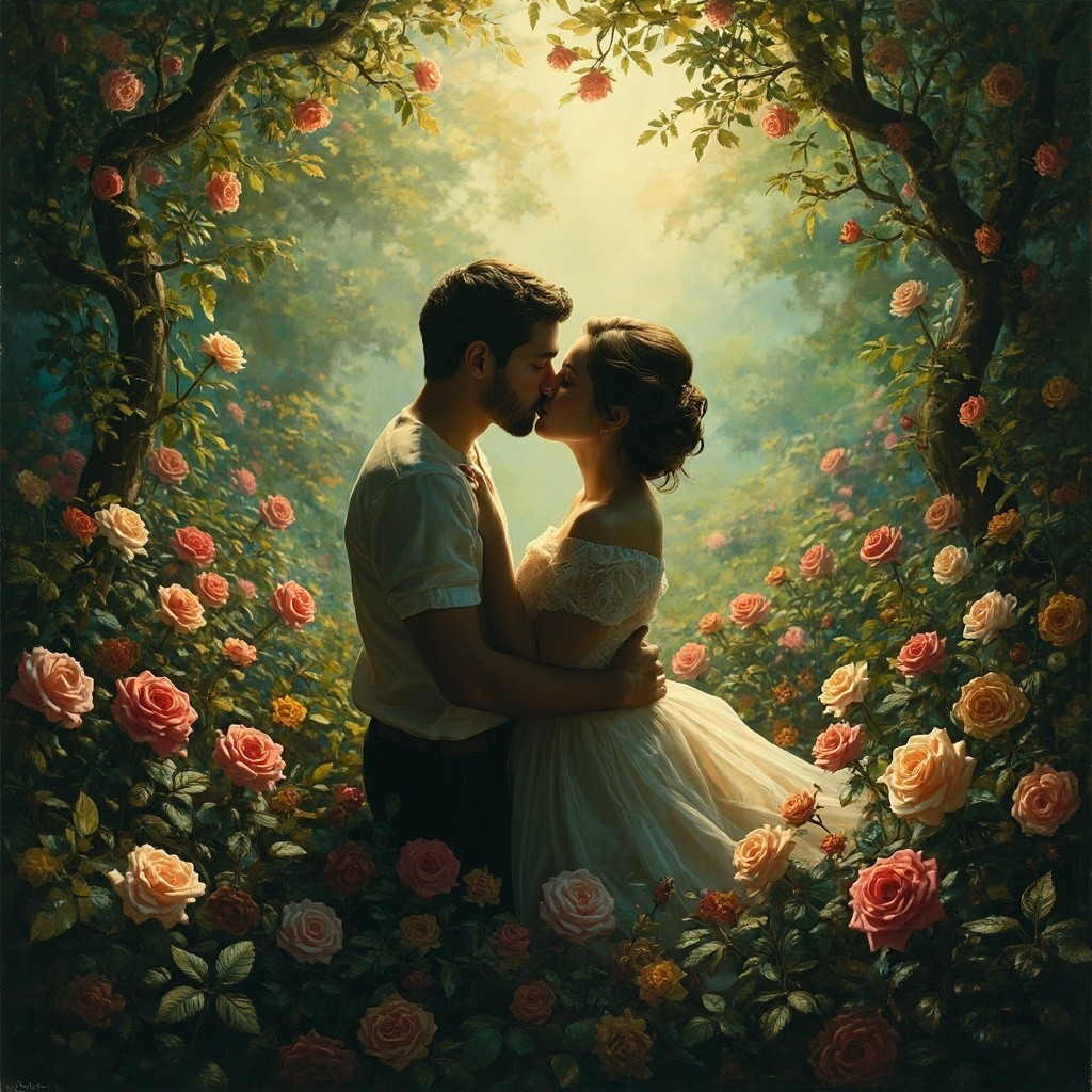 A Rainy Forest with Colorful Roses Blooming