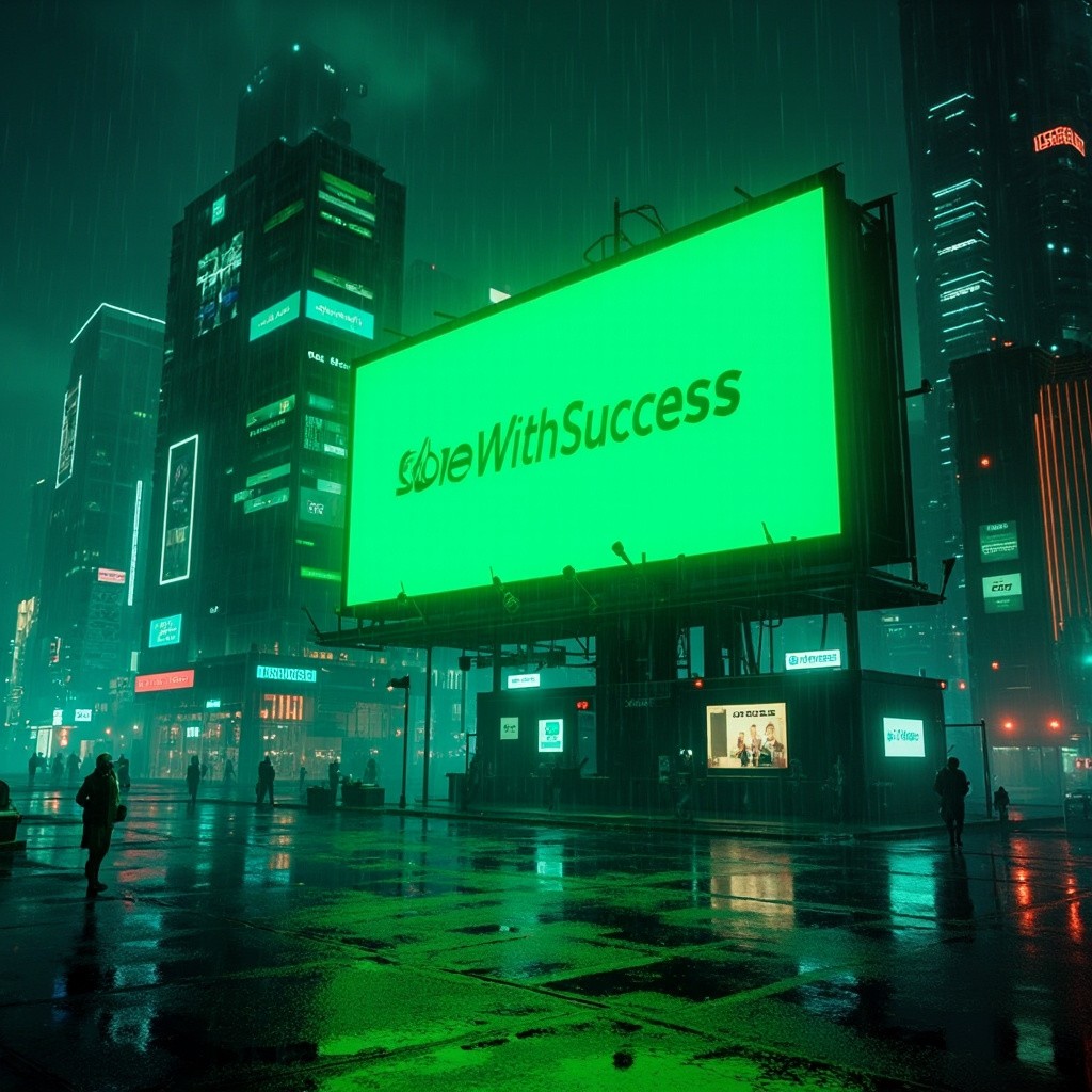 A Rainy Futuristic City with Glowing Billboard