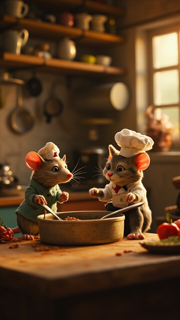 A Rat Chef Teaching Cooking to Kitten, Pixar-Style