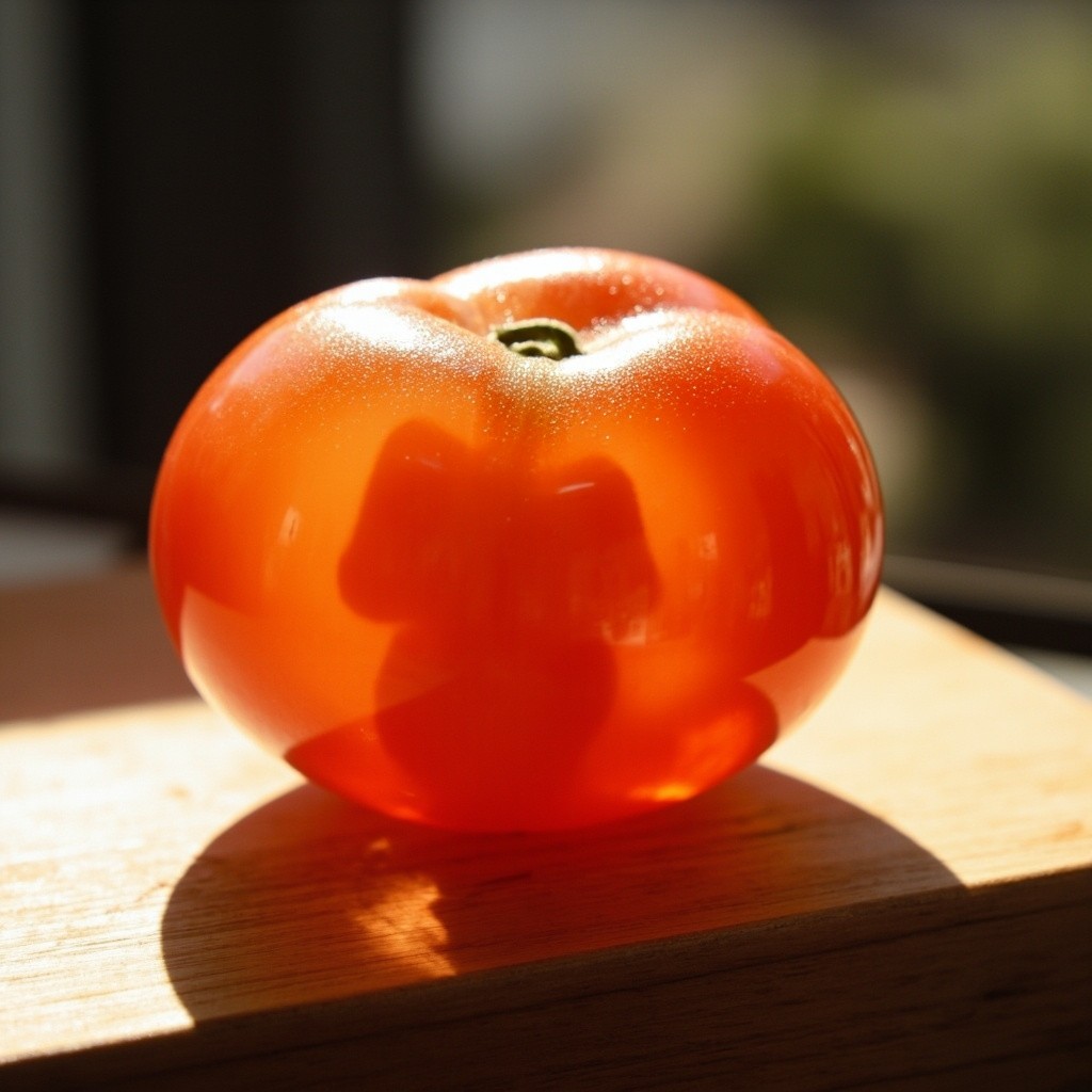 A Realistic, Glass-like Tomato on Wooden Board
