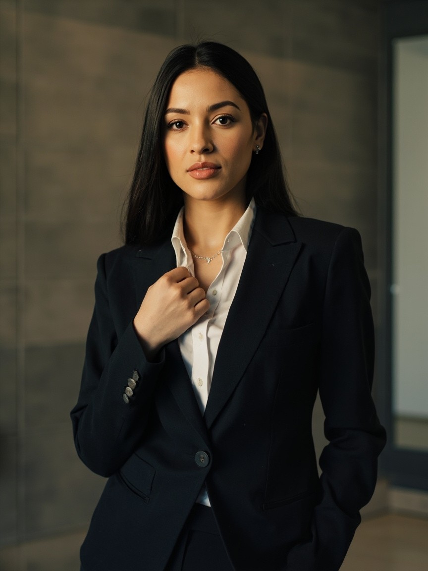 A Realistic Photo of a Woman Lawyer in Suit