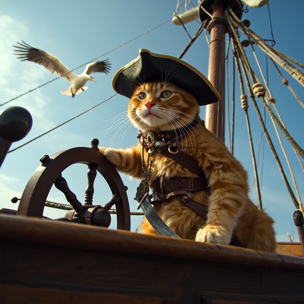 A Red Cat Steering a Galleon with a Sword