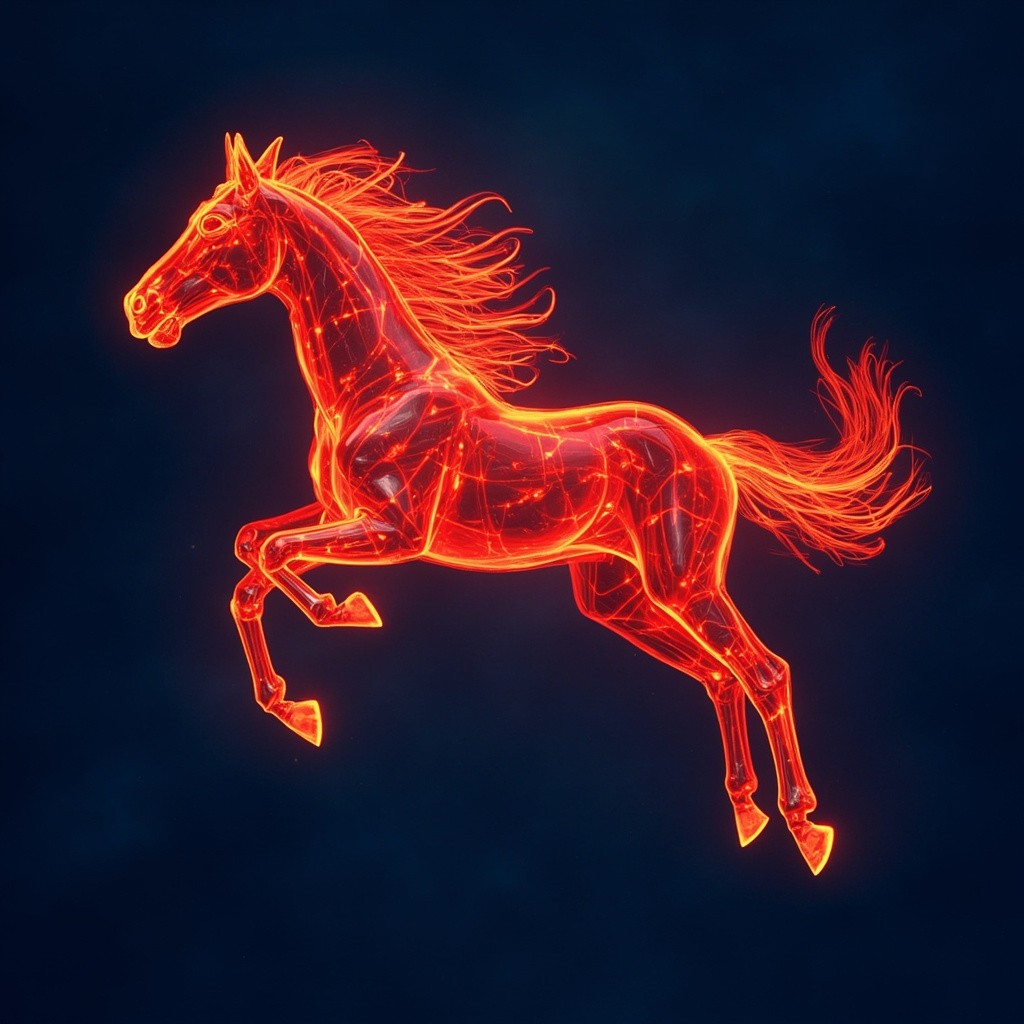 A Red Horse on Fire Against Blue Background