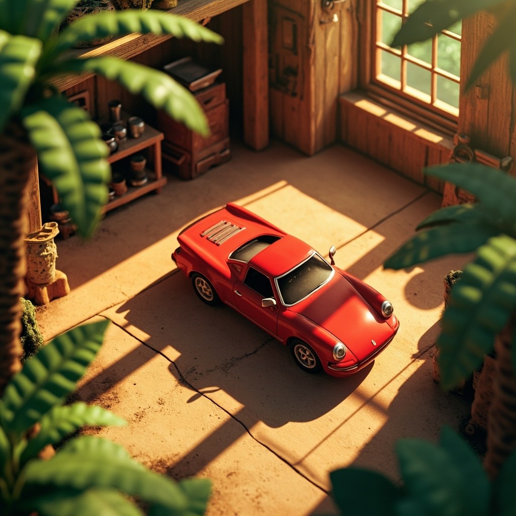 A Red Sports Car in Tropical Forest Repair Shop