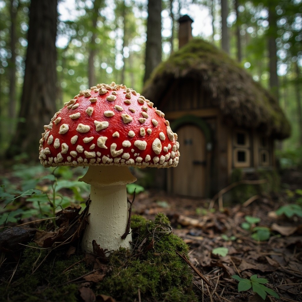 A Red Toadstool Outside a Fairytale Cottage