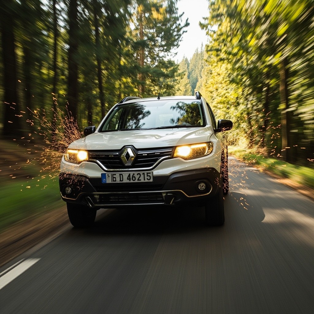A Renault Arkana Speeding on a Tree-Lined Road