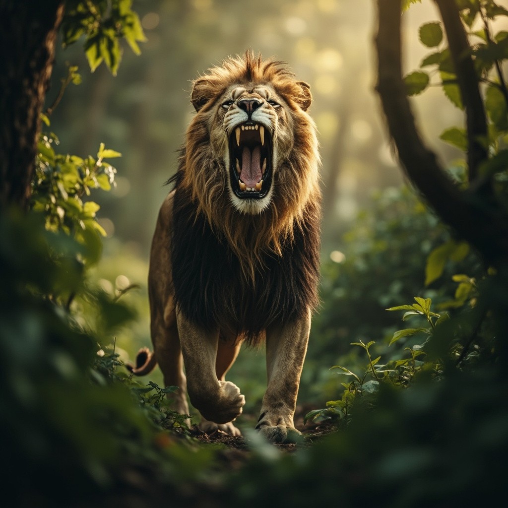 A Roaring Lion Walking in the Jungle