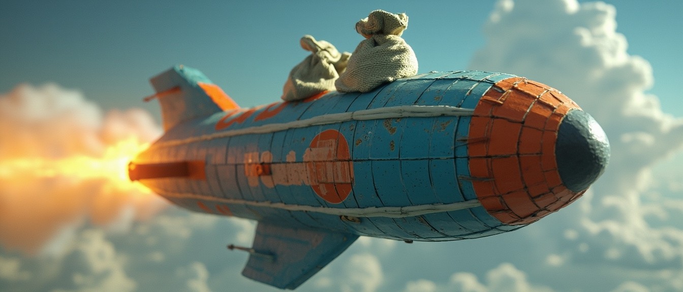 A Rocket Carrying a 3D Money Bag