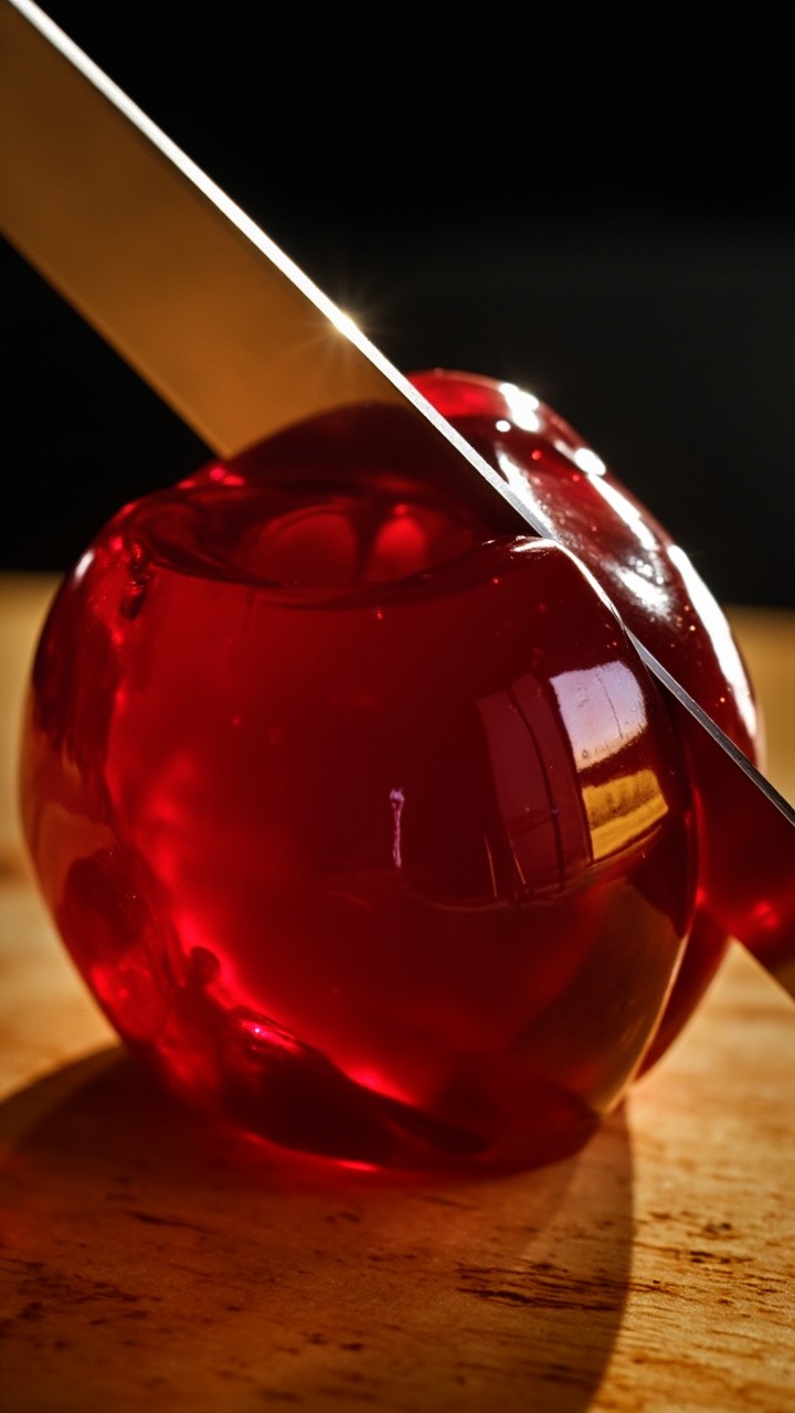 A Ruby-Red Apple Gelatin Cut on Wooden Base