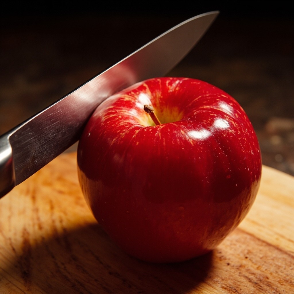 A Ruby-Red Gelatin Apple Being Halved
