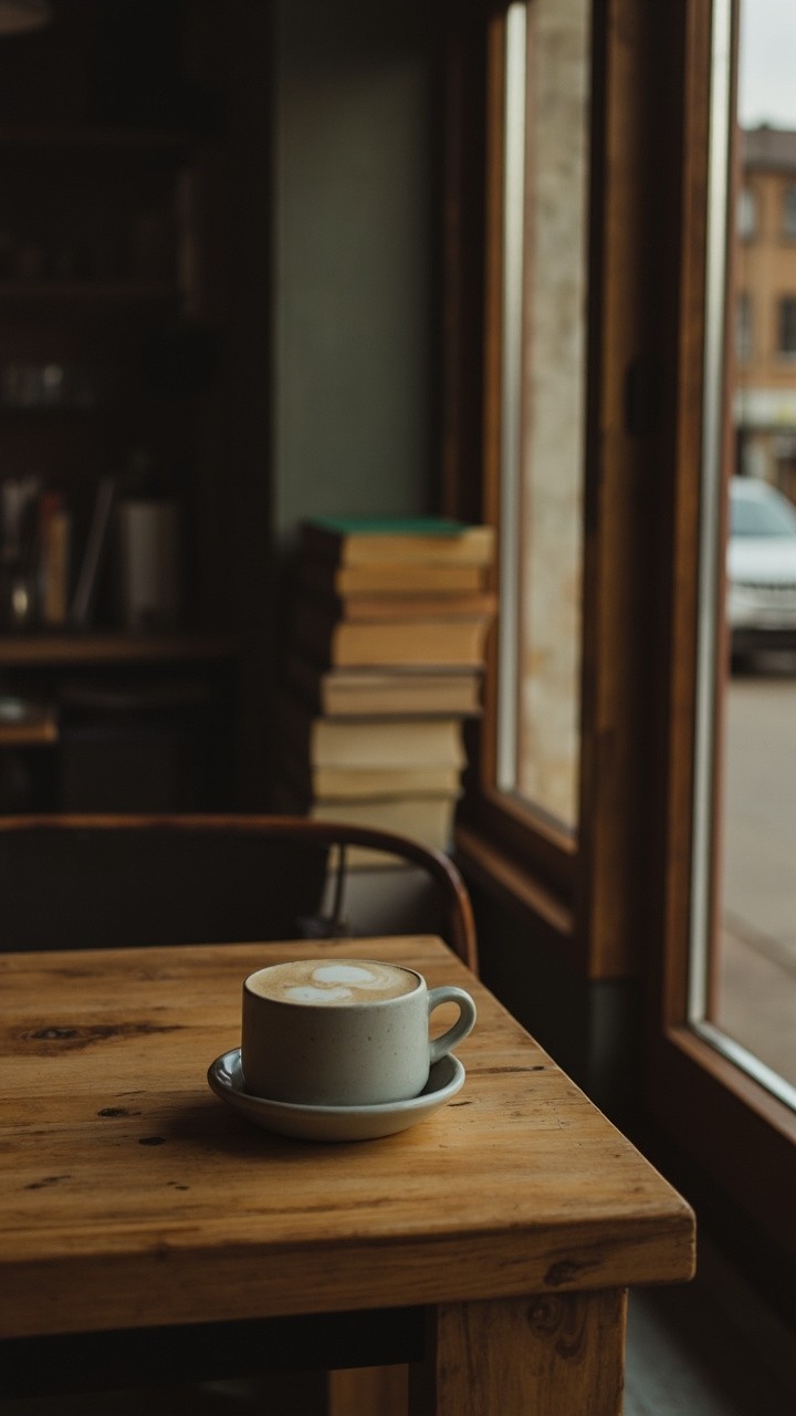 A Rustic Cafe with a Ceramic Cup and Books