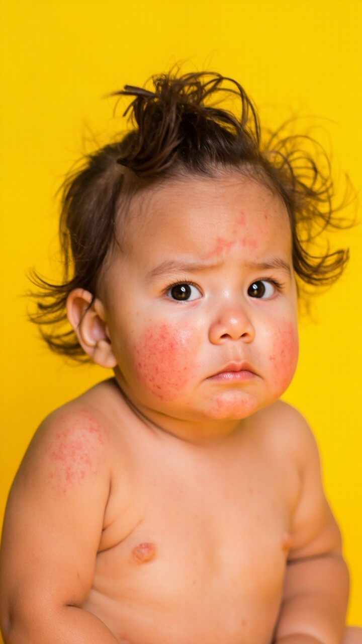 A Sad Baby Girl with Eczema on Yellow Background
