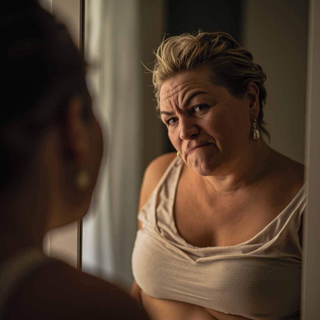 A Sad Chubby Woman Looking in Mirror