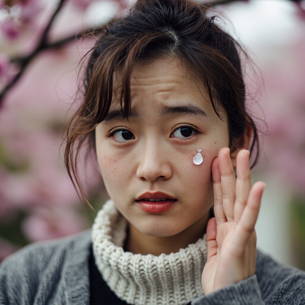 A Sad Japanese Woman Near Cherry Blossom Tree
