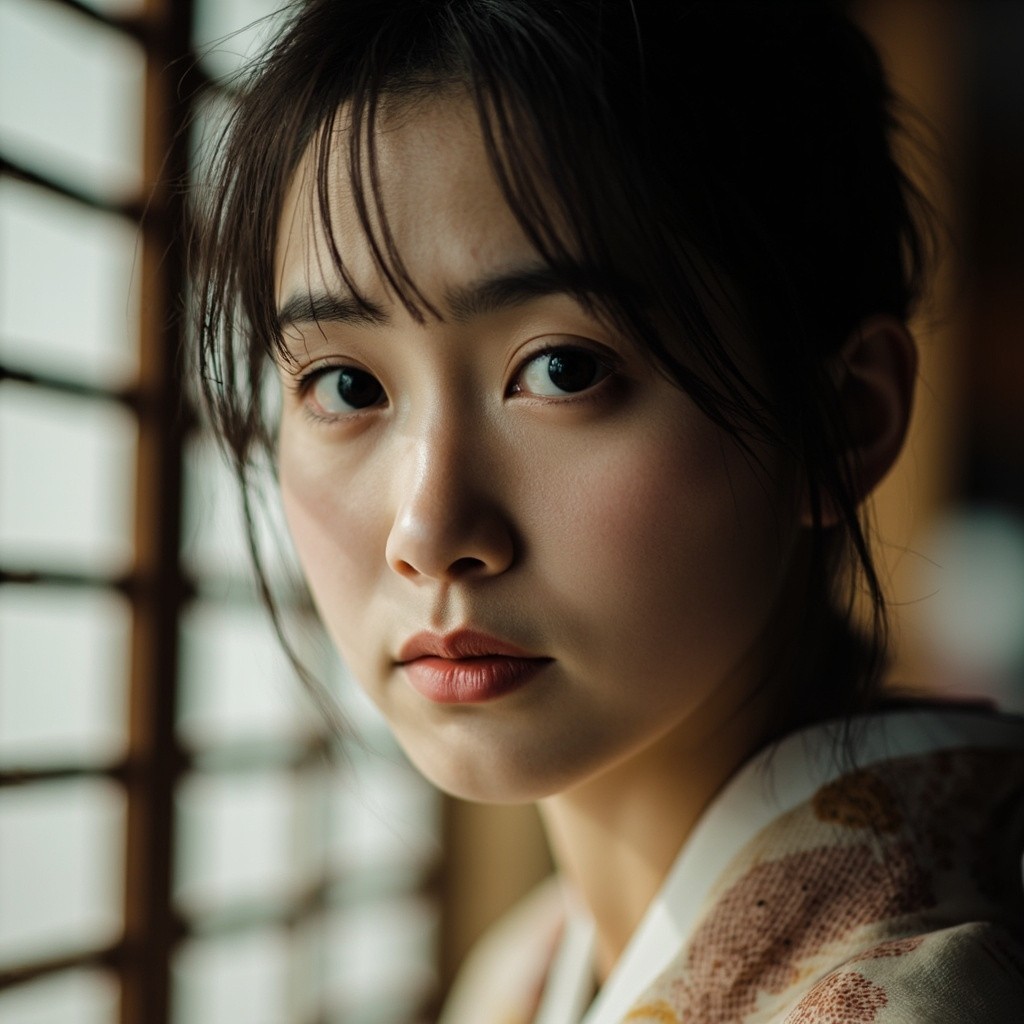 A Sad Japanese Woman in Kimono with a Tear