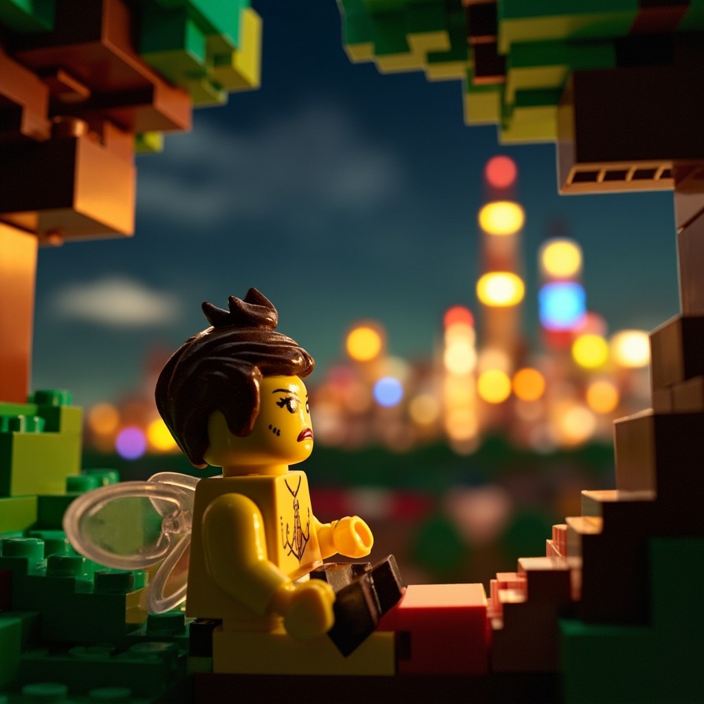 A Sad Lego Firefly Overlooking a Bright City