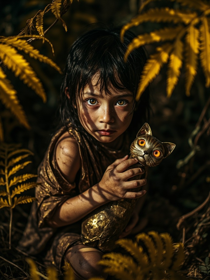A Scared Jungle Child Holding Cat Toy
