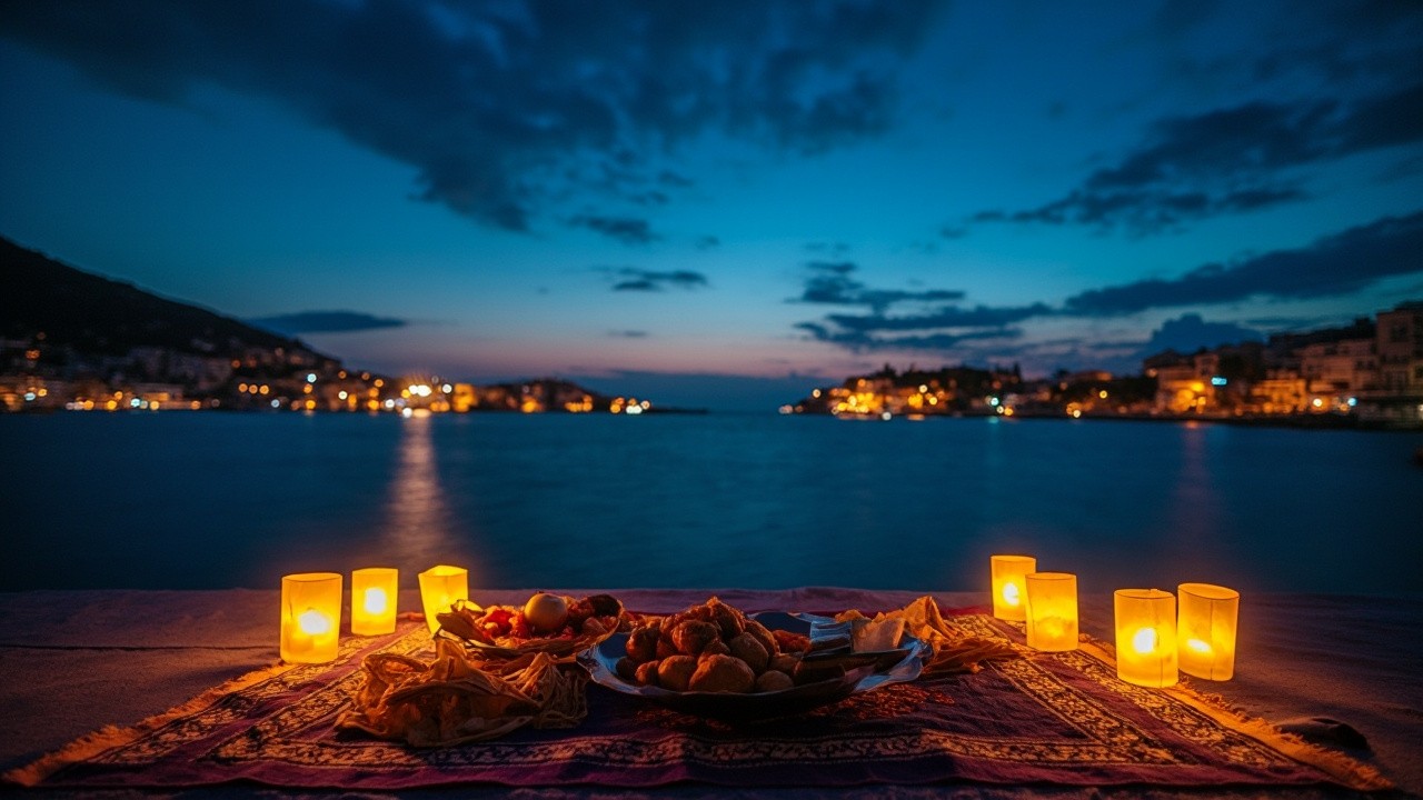 A Seaside Town under a Starry Night with Muslim Dinner