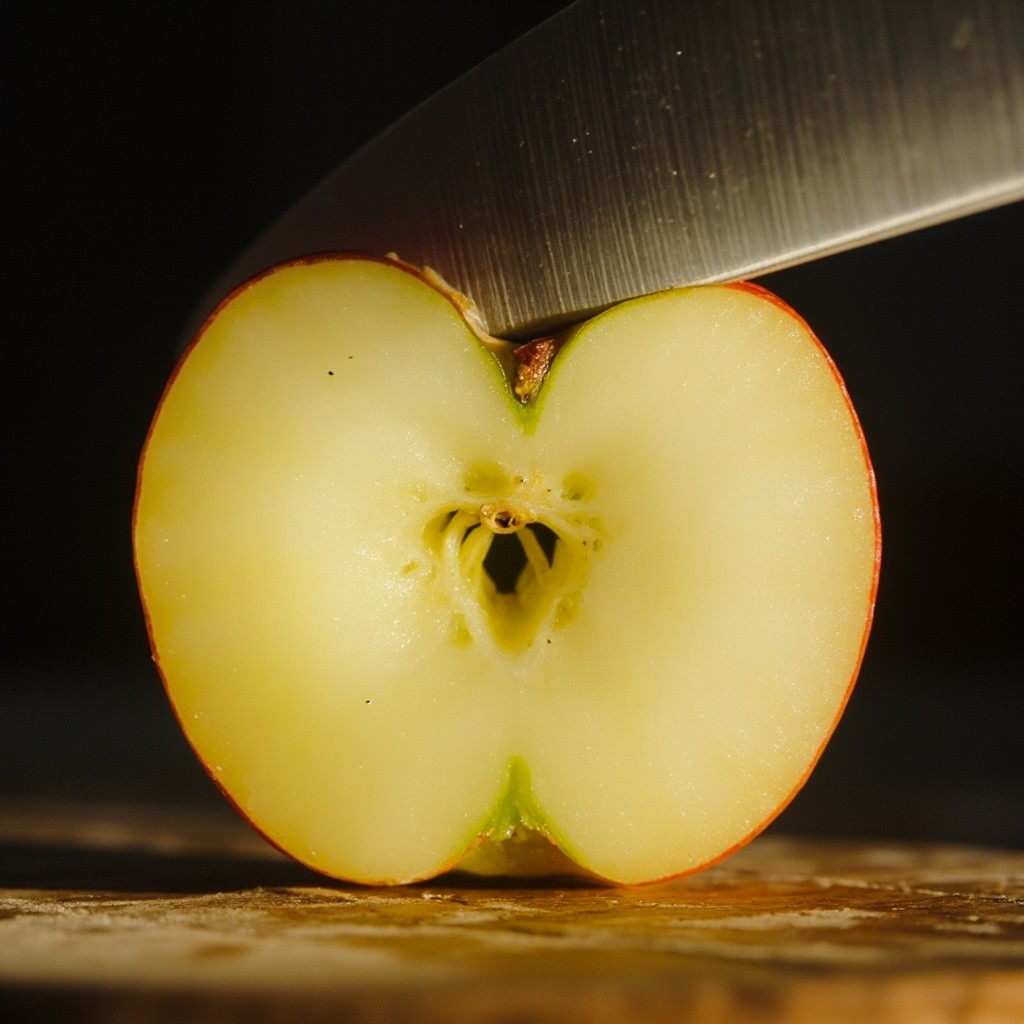 A See-through Apple Being Sliced with Glass