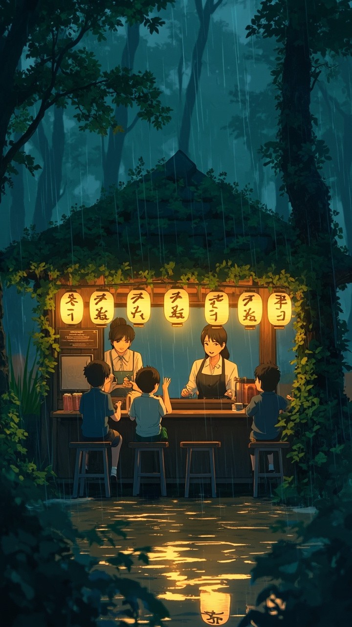 A Serene Anime-style Rainy Ramen Stall Scene