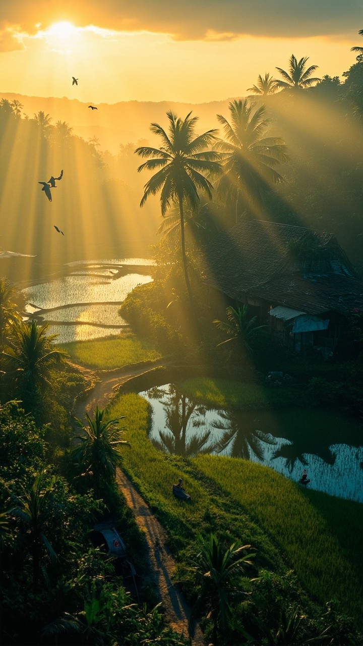 A Serene Sunrise over a Hillside Village