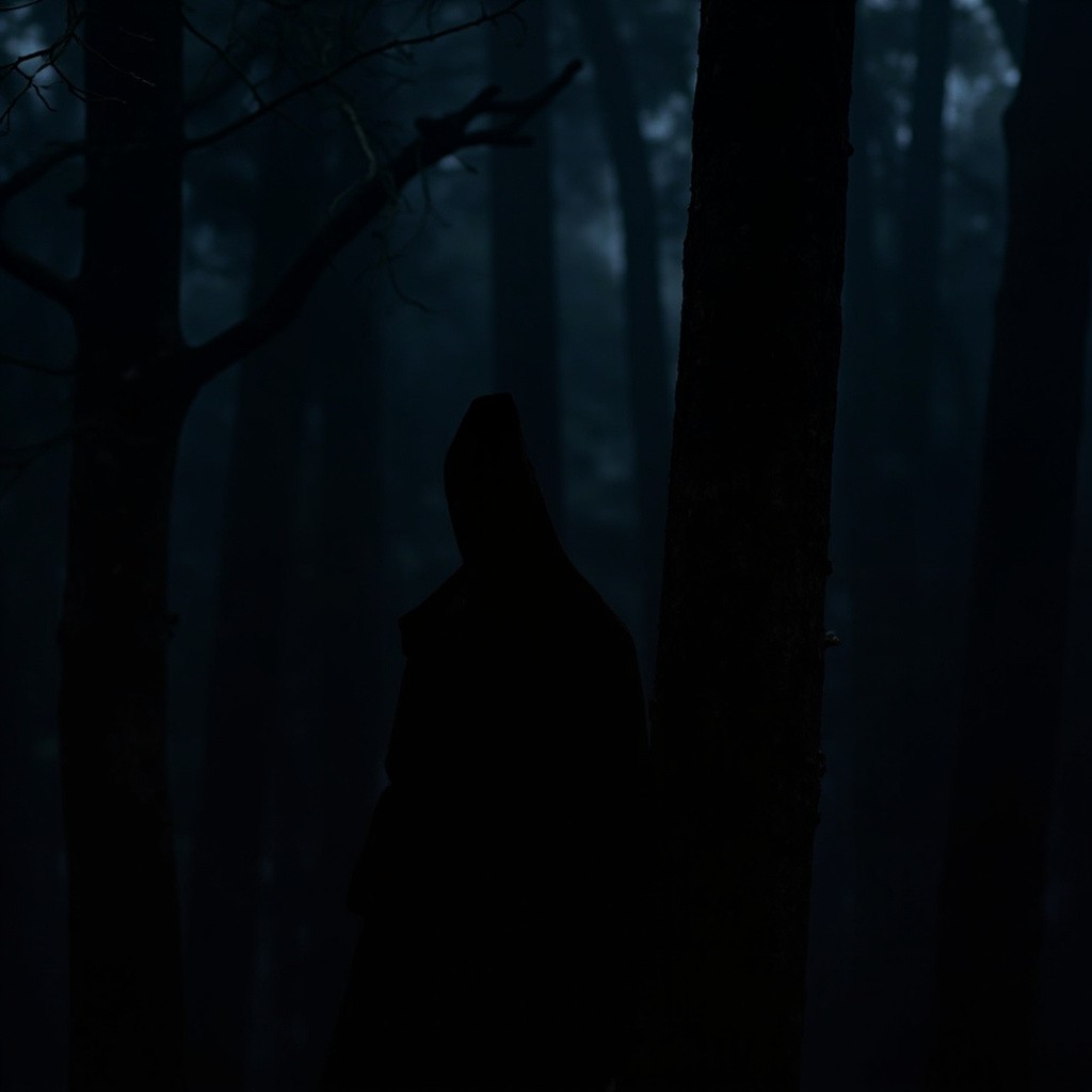 A Silhouette Stands Behind a Tree in Darkness
