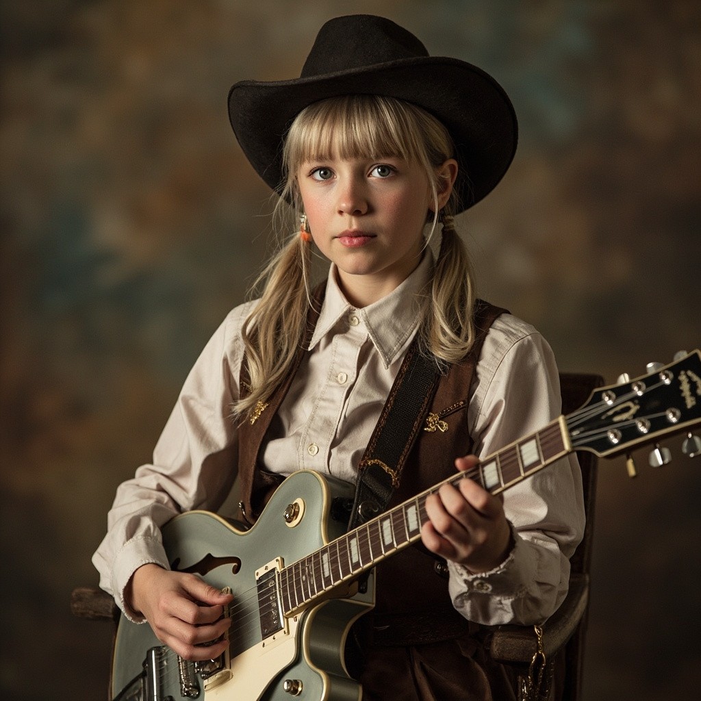A Silver-Haired Cowgirl with Vintage Electric Guitar