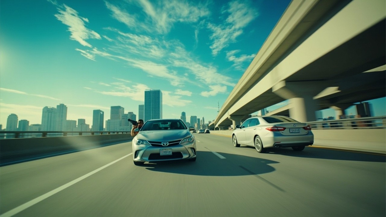 A Silver Sedan Speeding in a Busy City