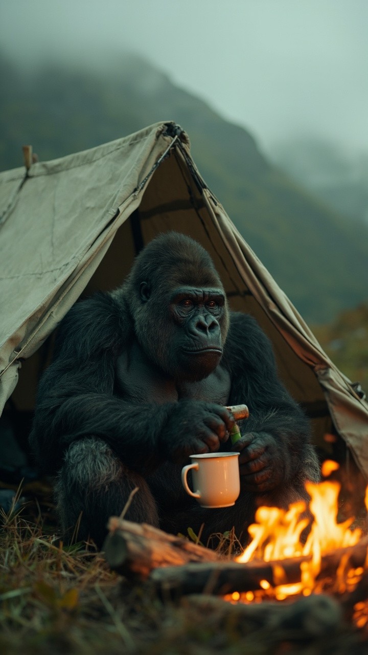 A Silverback Gorilla Setting Up a Campfire A Silverback Gorilla Setting Up a Campfire