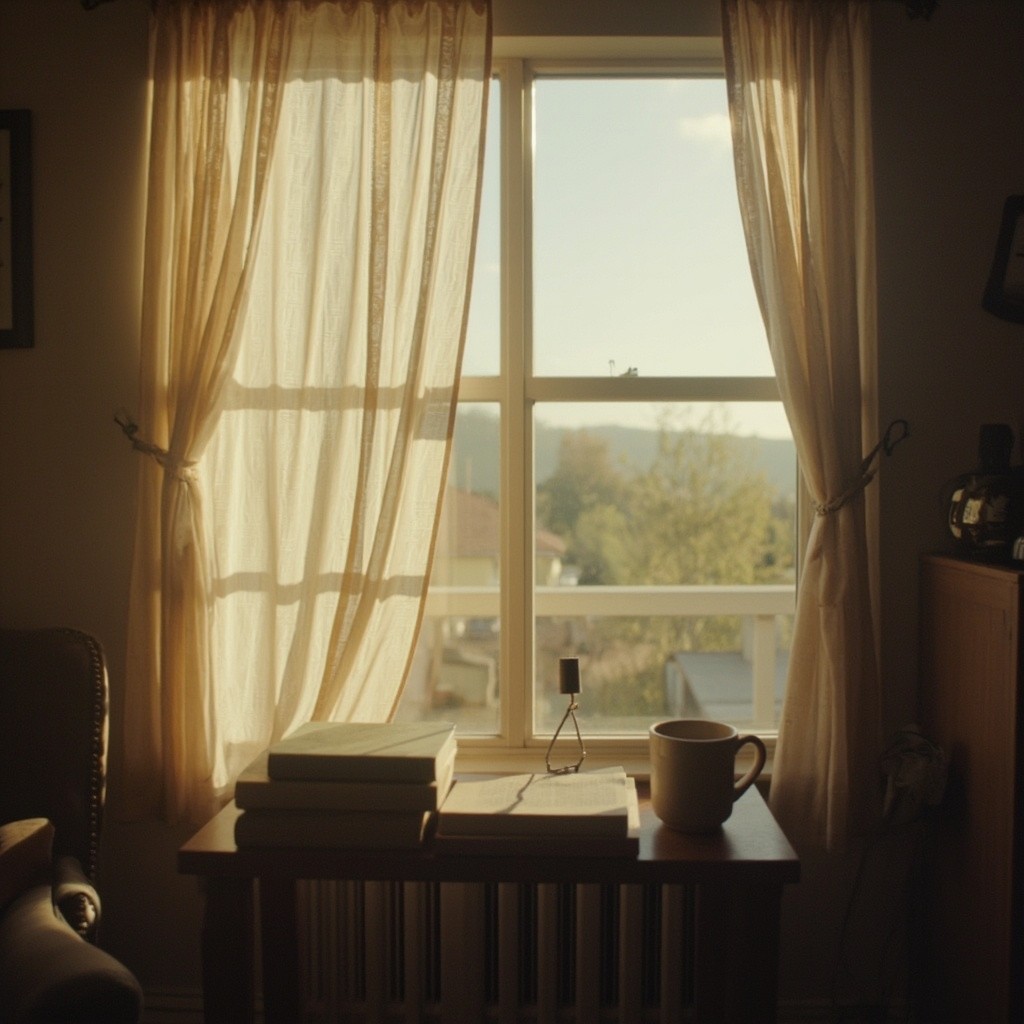 A Simple Home with Floating Curtains and Religious Books