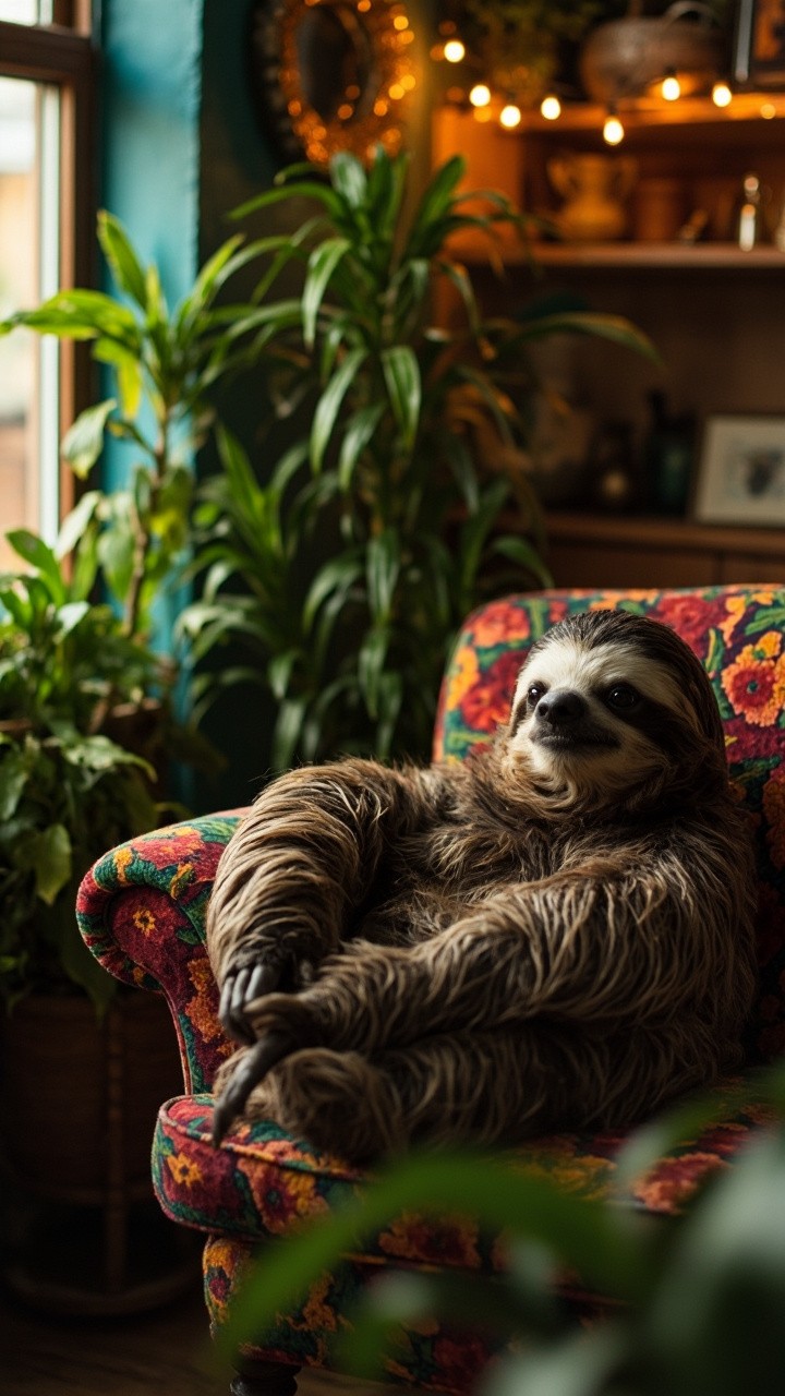 A Sloth Lounging in Cozy, Bohemian-Style Living Room