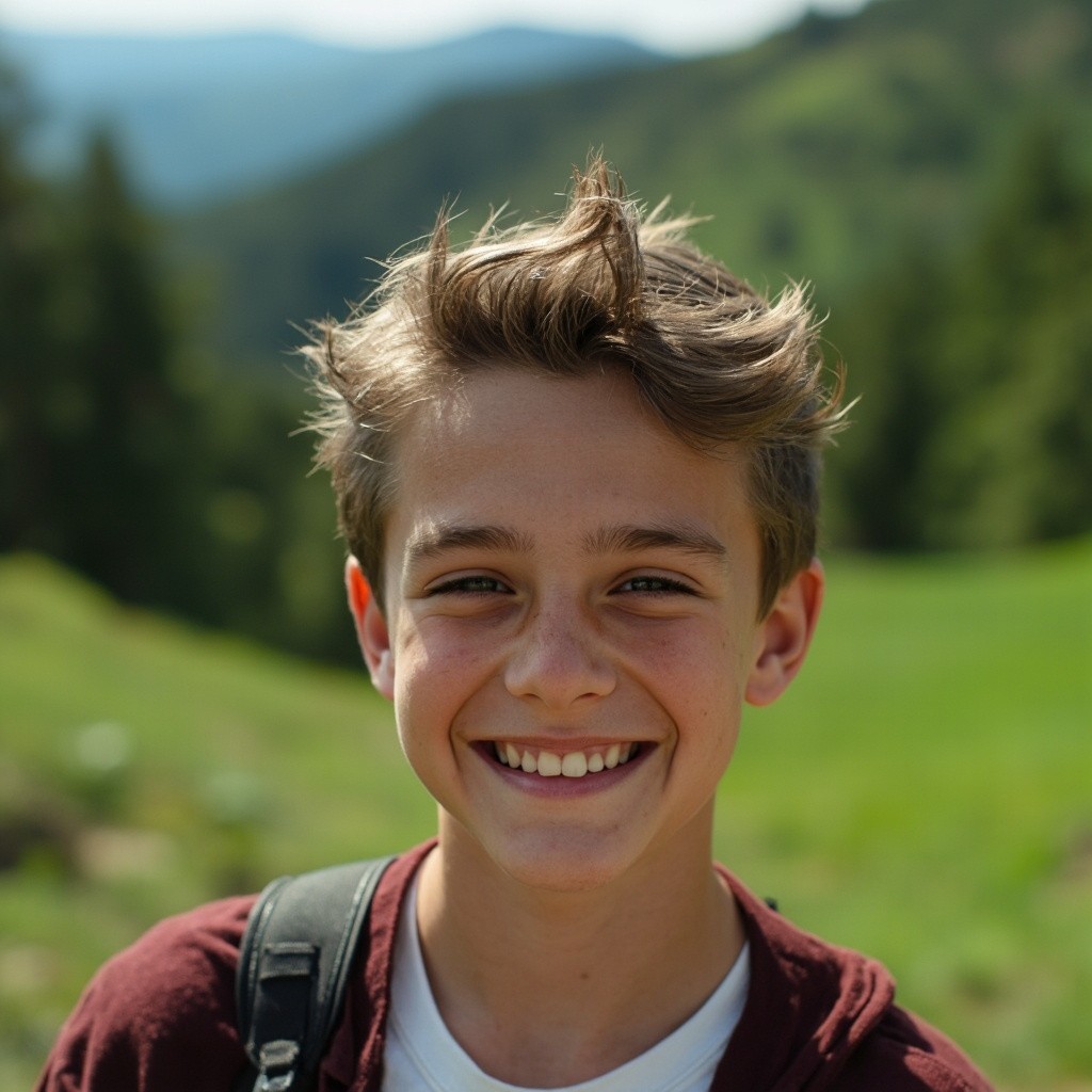 A Smiling 19-Year-Old Boy with Green Nature Behind