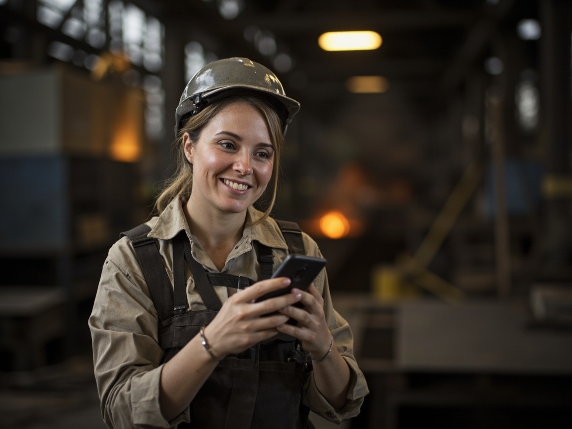 A Smiling Female Worker Using Cellphone in Factory