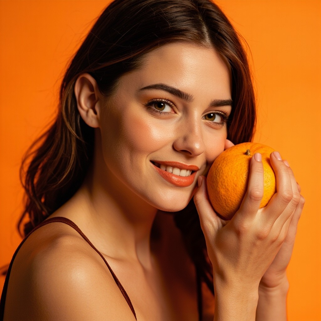 A Smiling Russian Model Holding an Orange