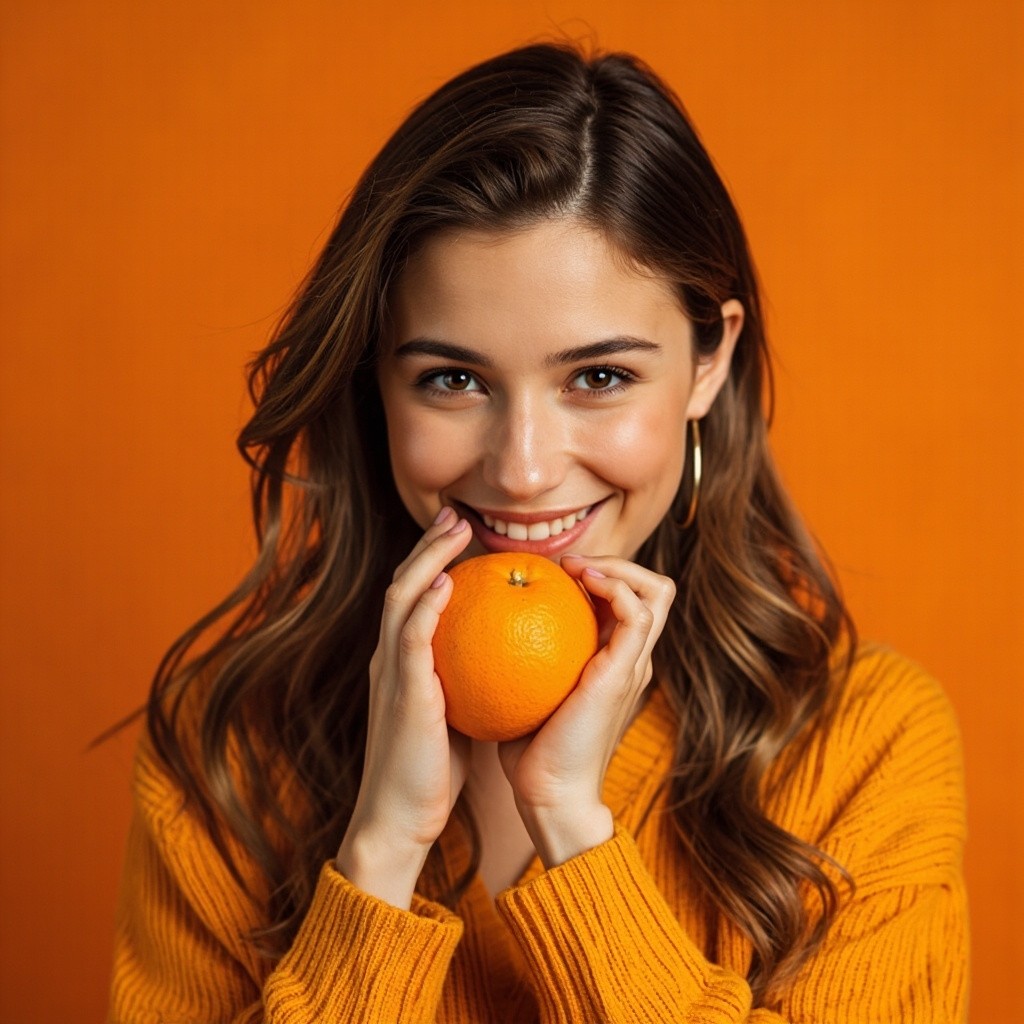 A Smiling Russian Model Holding an Orange
