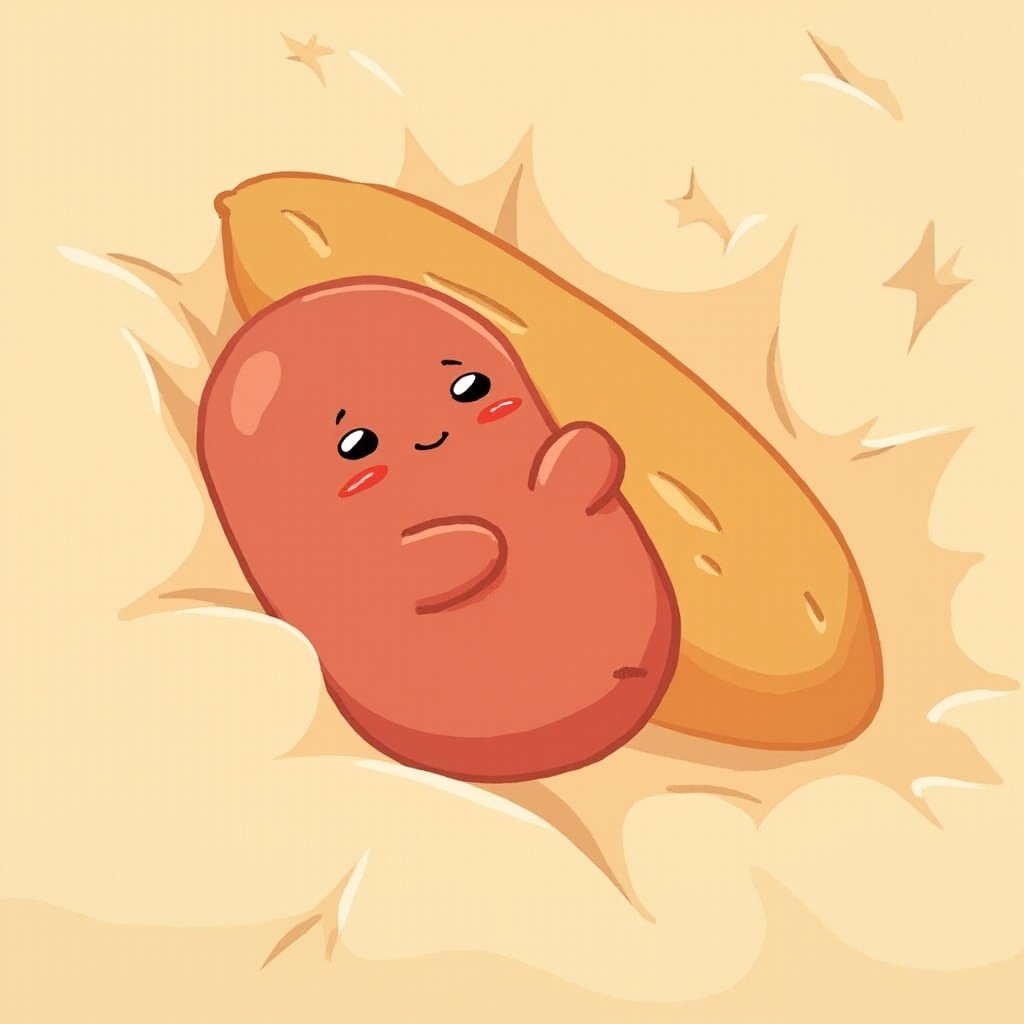 A Smiling Sausage Cuddling a Baguette on Blanket